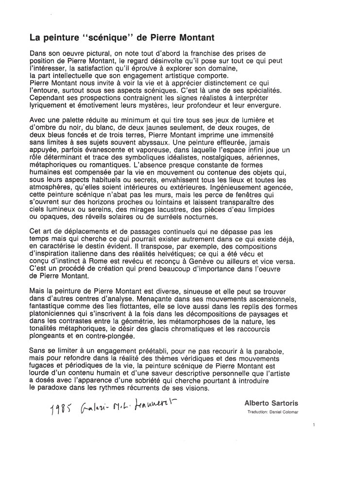 Pierre Montant _ Artiste peintre _ Suisse _ Reviews _ 1985 _ Galerie Marie-Louise Jeanneret _ La peinture ''scénique'' de Pierre Montant